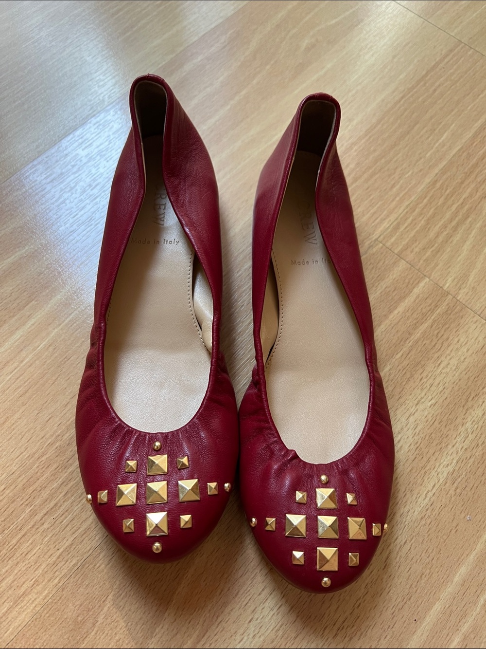 J. Crew Red Leather Ballet Flats with Gold Studs - Women’s Size 6.5